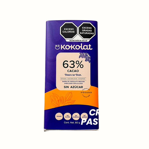 Barra de Chocolate Vegano 63% Cacao Sin azúcar Kokolat 80 g